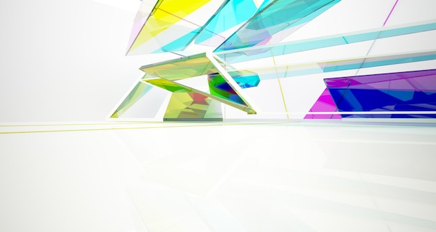 Abstract white and colored gradient glasses interior multilevel public space with window 3D