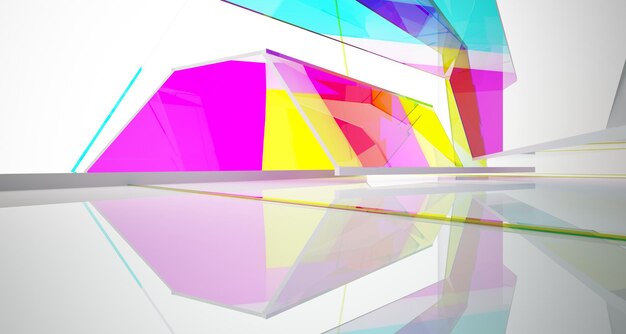 Abstract white and colored gradient glasses interior multilevel public space with window 3D