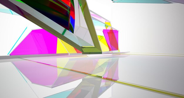 Abstract white and colored gradient glasses interior multilevel public space with window 3D