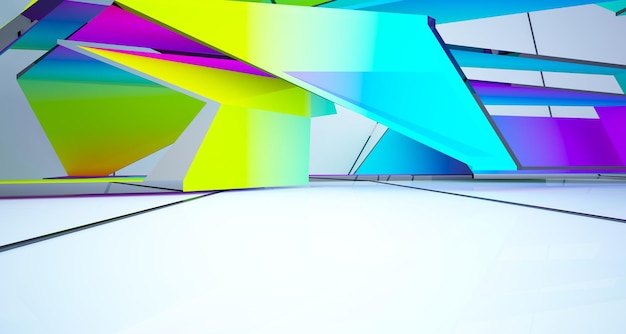 Abstract white and colored gradient glasses interior multilevel public space with window 3D