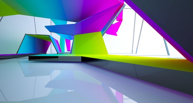 Abstract white and colored gradient glasses interior multilevel public space with window 3D