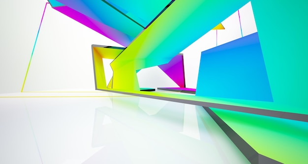 Abstract white and colored gradient glasses interior multilevel public space with window 3D