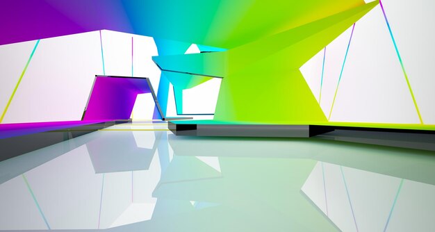 Abstract white and colored gradient glasses interior multilevel public space with window 3d