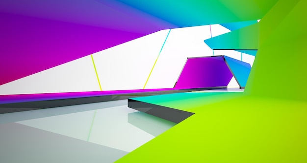 Abstract white and colored gradient glasses interior multilevel public space with window 3d