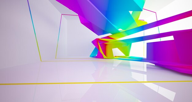 Abstract white and colored gradient glasses interior multilevel public space with window 3d