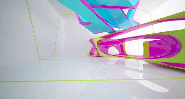 Abstract white and colored gradient glasses interior multilevel public space with window 3D
