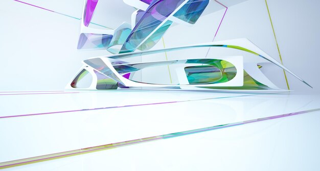 Abstract white and colored gradient glasses interior multilevel public space with window 3D