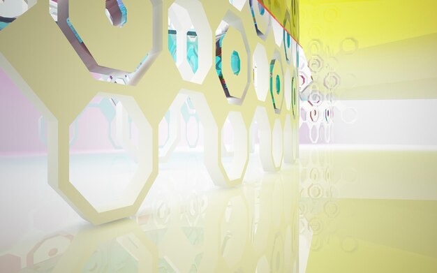 Abstract white and colored gradient glasses interior multilevel public space with window. 3D