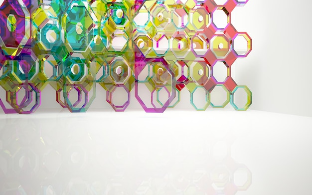 Abstract white and colored gradient glasses interior multilevel public space with window. 3D