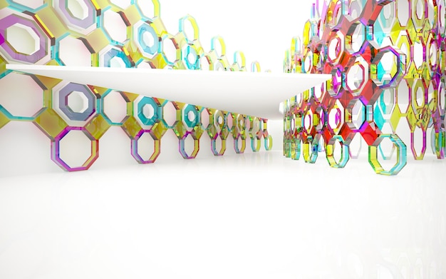 Abstract white and colored gradient glasses interior multilevel public space with window. 3D