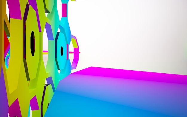 Abstract white and colored gradient glasses interior multilevel public space with window. 3d
