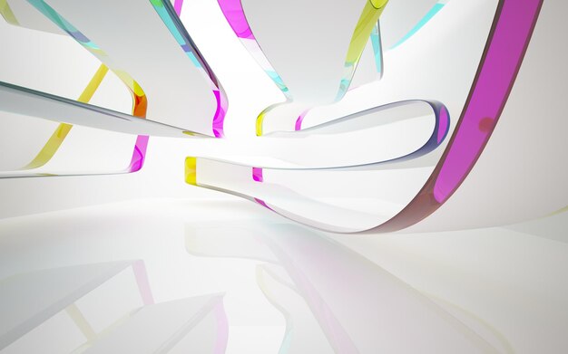 Abstract white and colored gradient glasses interior multilevel public space with window.