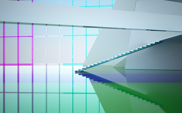 Abstract white and colored gradient glasses parametric interior with window 3d illustration
