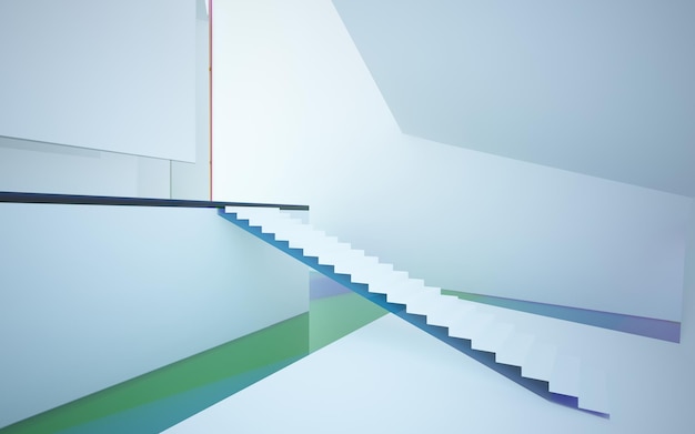 Abstract white and colored gradient glasses parametric interior with window 3D illustration