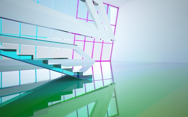 Abstract white and colored gradient glasses parametric interior with window 3D illustration