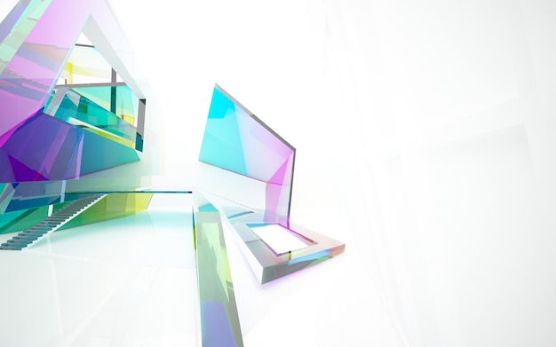 Abstract white and colored gradient glasses parametric interior with window 3D illustration