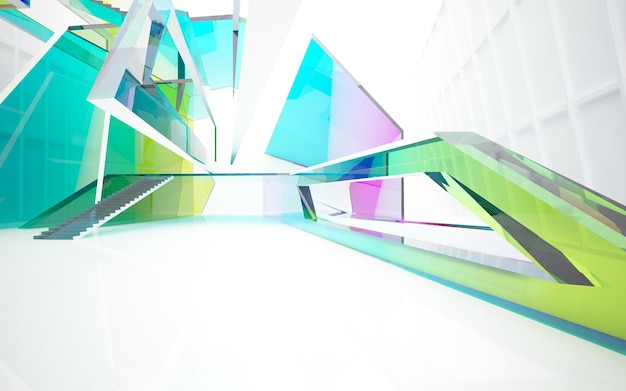 Abstract white and colored gradient glasses parametric interior with window 3D illustration