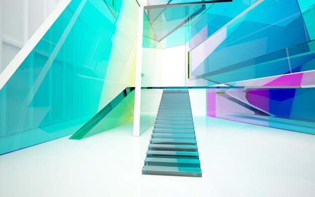 Abstract white and colored gradient glasses parametric interior with window 3D illustration