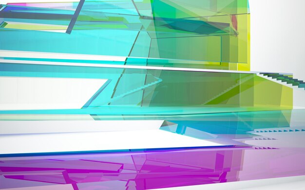 Abstract white and colored gradient glasses parametric interior with window 3d illustration