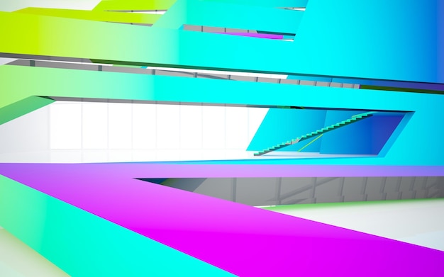 Abstract white and colored gradient glasses parametric interior with window 3D illustration