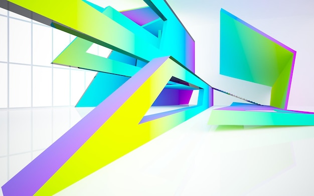 Abstract white and colored gradient glasses parametric interior with window 3D illustration