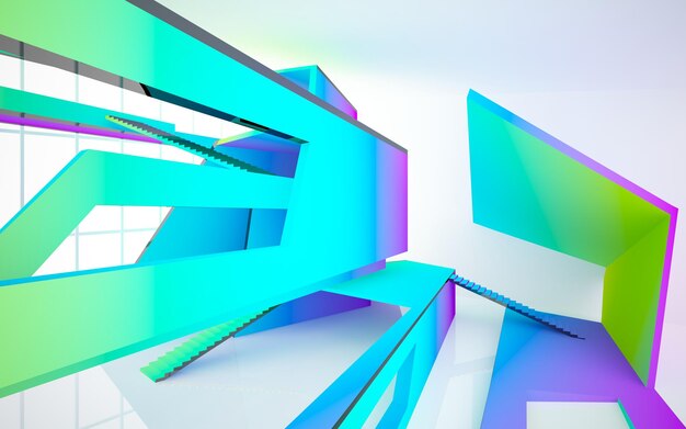 Abstract white and colored gradient glasses parametric interior with window 3D illustration