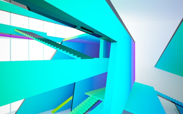 Abstract white and colored gradient glasses parametric interior with window 3D illustration