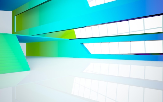 Abstract white and colored gradient glasses parametric interior with window 3D illustration