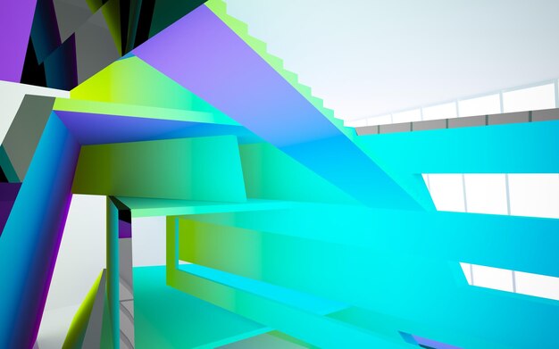 Abstract white and colored gradient glasses parametric interior with window 3D illustration