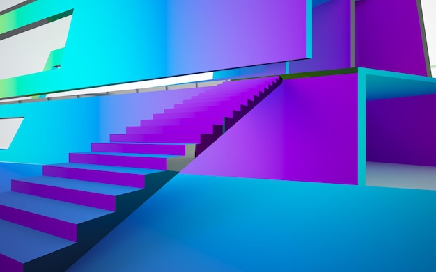 Abstract white and colored gradient glasses parametric interior with window 3D illustration