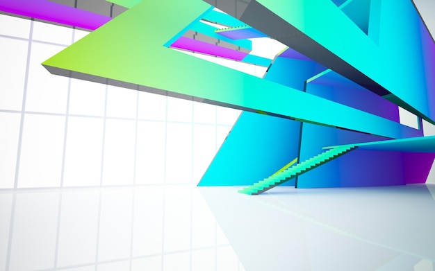 Abstract white and colored gradient glasses parametric interior with window 3D illustration