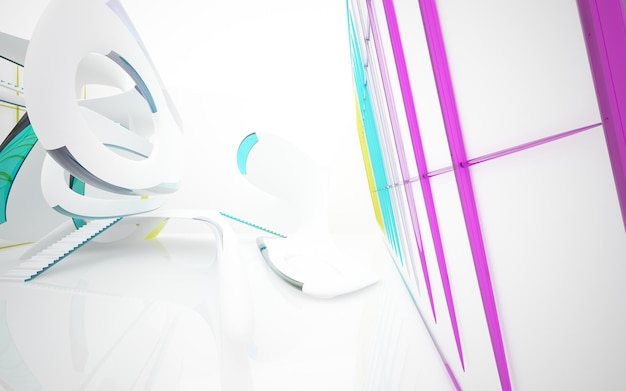 Abstract white and colored gradient glasses parametric interior with window 3D illustration