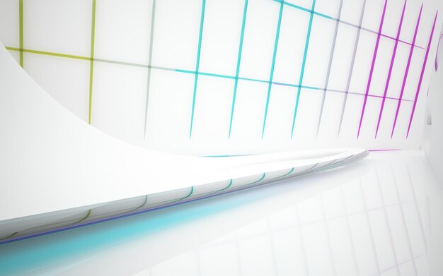 Abstract white and colored gradient glasses parametric interior with window 3D illustration