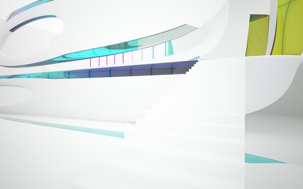 Abstract white and colored gradient glasses parametric interior with window 3D illustration