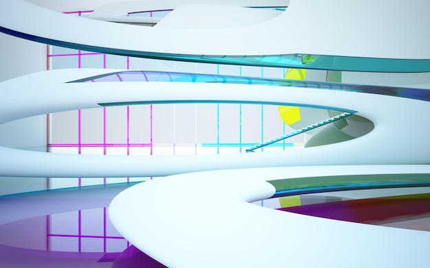 Abstract white and colored gradient glasses parametric interior with window 3D illustration