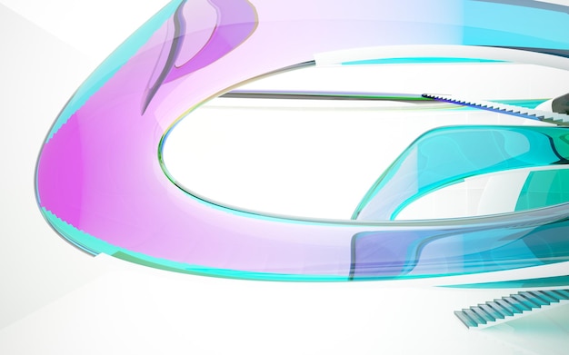 Abstract white and colored gradient glasses parametric interior with window 3D illustration