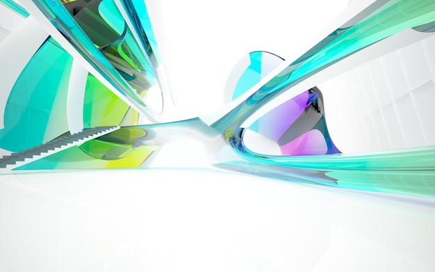 Abstract white and colored gradient glasses parametric interior with window 3D illustration