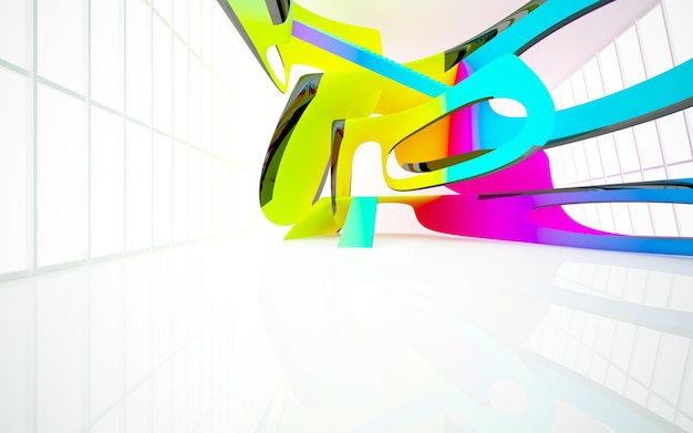 Abstract white and colored gradient glasses parametric interior with window 3D illustration