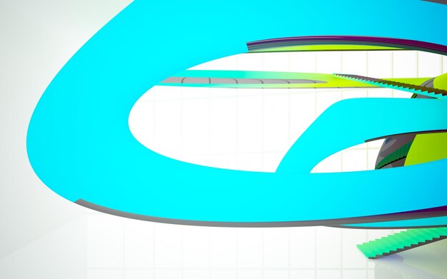 Abstract white and colored gradient glasses parametric interior with window 3D illustration