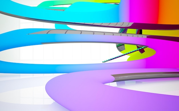 Abstract white and colored gradient glasses parametric interior with window 3D illustration