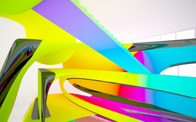 Abstract white and colored gradient glasses parametric interior with window 3D illustration