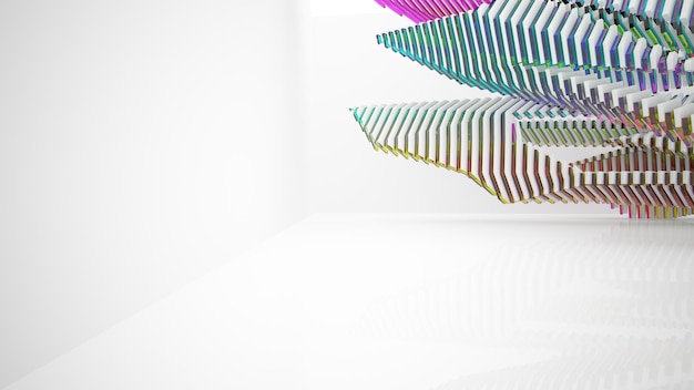 Abstract white and colored gradient glasses parametric interior with window 3D illustration