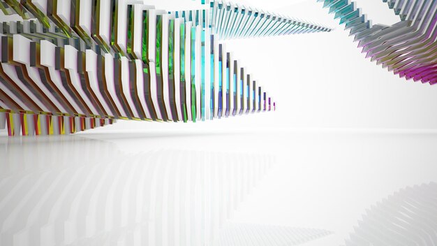 Abstract white and colored gradient glasses parametric interior with window 3D illustration