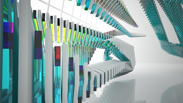 Abstract white and colored gradient glasses parametric interior with window 3d illustration