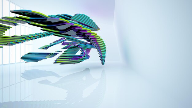 Abstract white and colored gradient glasses parametric interior with window 3D