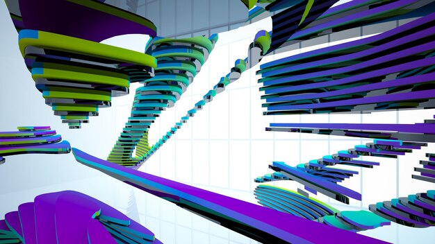 Abstract white and colored gradient glasses parametric interior with window 3d