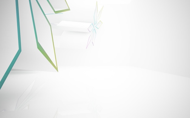 Abstract white and colored gradient glasses parametric interior with window. 3D
