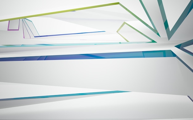 Abstract white and colored gradient glasses parametric interior with window. 3D