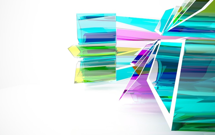 Photo abstract white and colored gradient glasses parametric interior with window. 3d