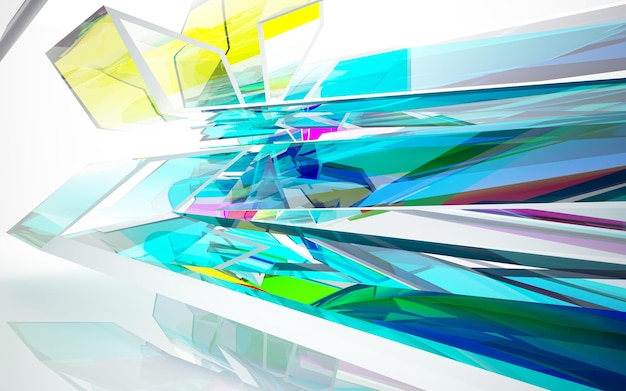 Abstract white and colored gradient glasses parametric interior with window. 3D